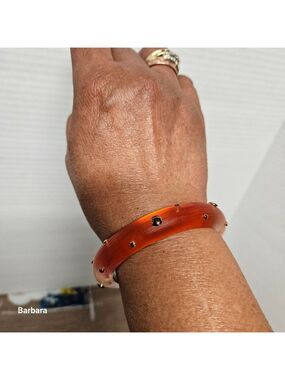 Alexis Bittar Frosted Orange/Red Studded Hinged Lucite Bangle Bracelet